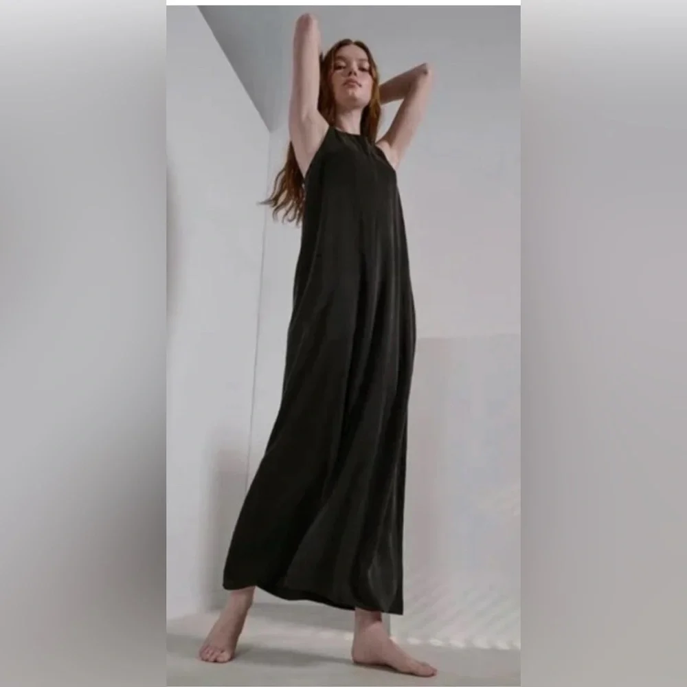 Lunya Washable Silk Racer Maxi Dress Navy Blue Deep V-Back Slit Minimalist L/XL - Picture 2 of 15